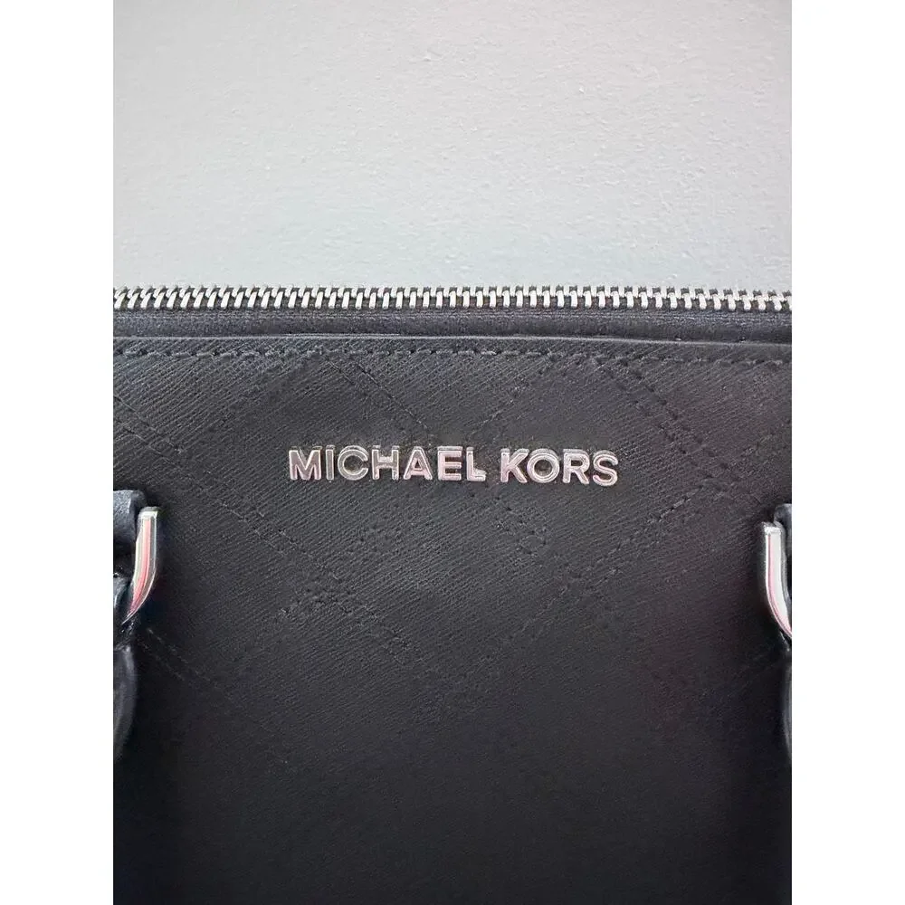 Michael Kors Cindy Dome Top Handle Black Diamond Stitch Silver Tone Purse